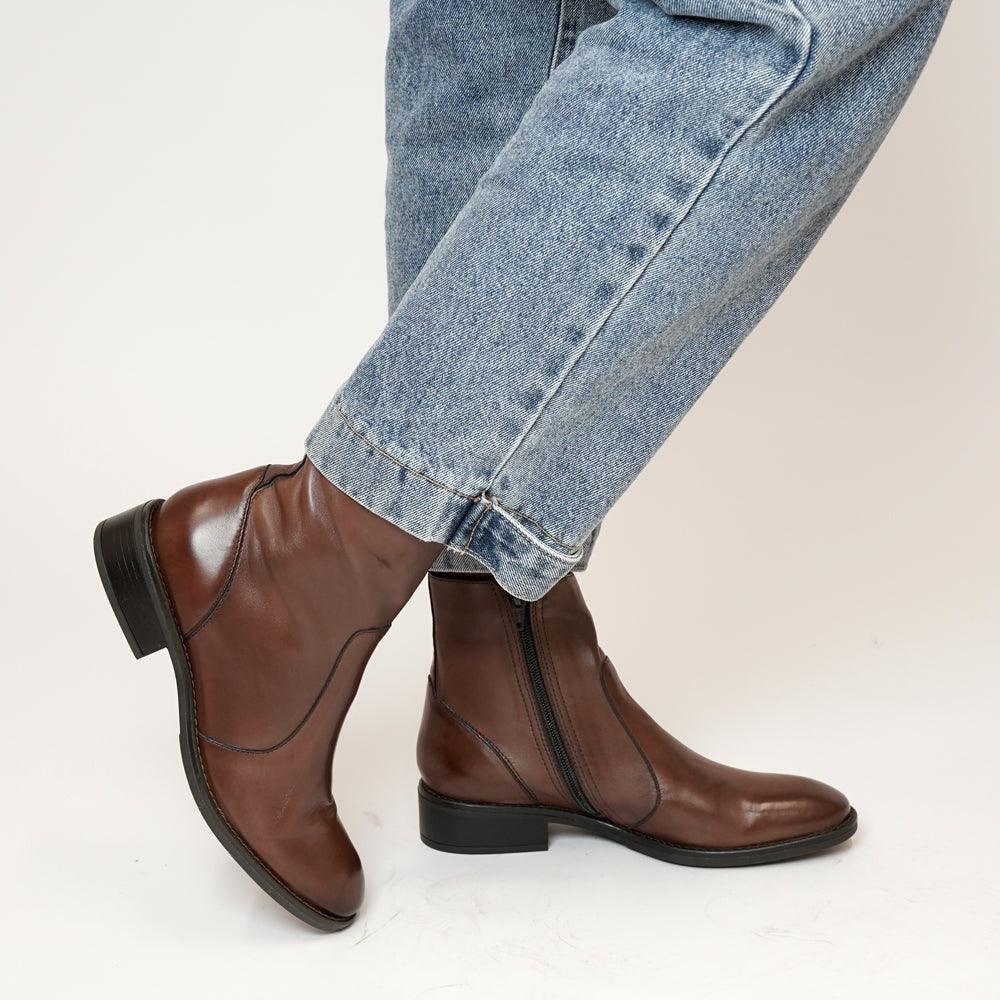 Seline Chestnut Leather Ankle Boots, EOS FOOTWEAR - Shouz