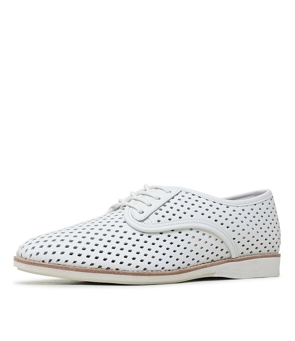 Derby Punch White Leather Lace Up Flats - Shouz