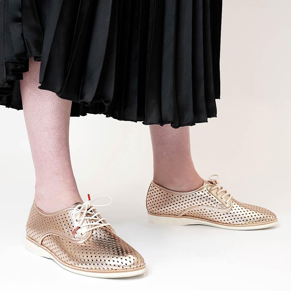 Derby Punch Rose Gold Leather Lace Up Flats, ROLLIE - Shouz
