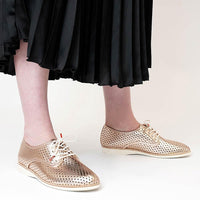 Derby Punch Rose Gold Leather Lace Up Flats, ROLLIE - Shouz