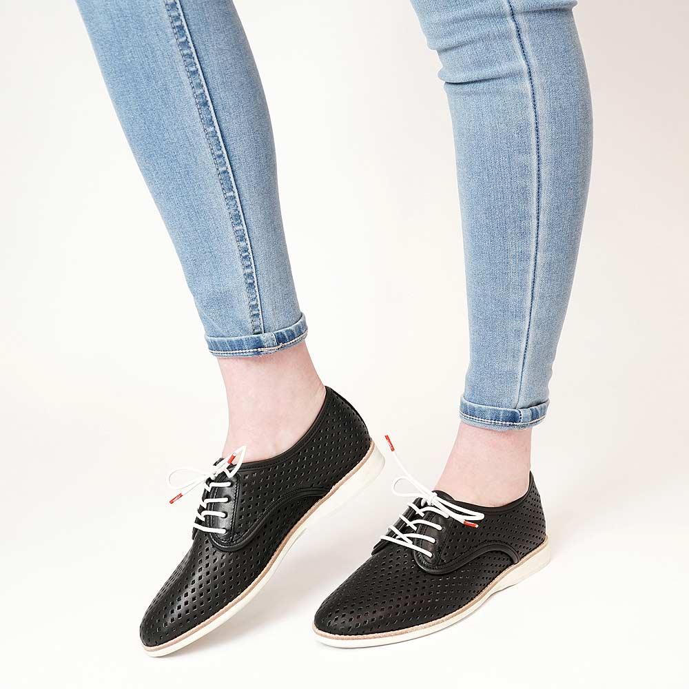 Derby Punch Black Leather Lace Up Flats, ROLLIE - Shouz
