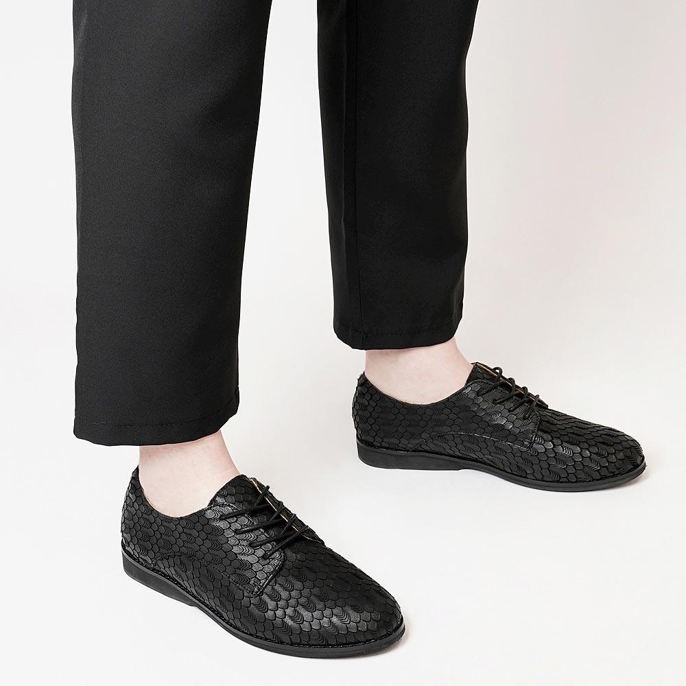 Derby All Black Geo Leather Lace Up Flats - Shouz