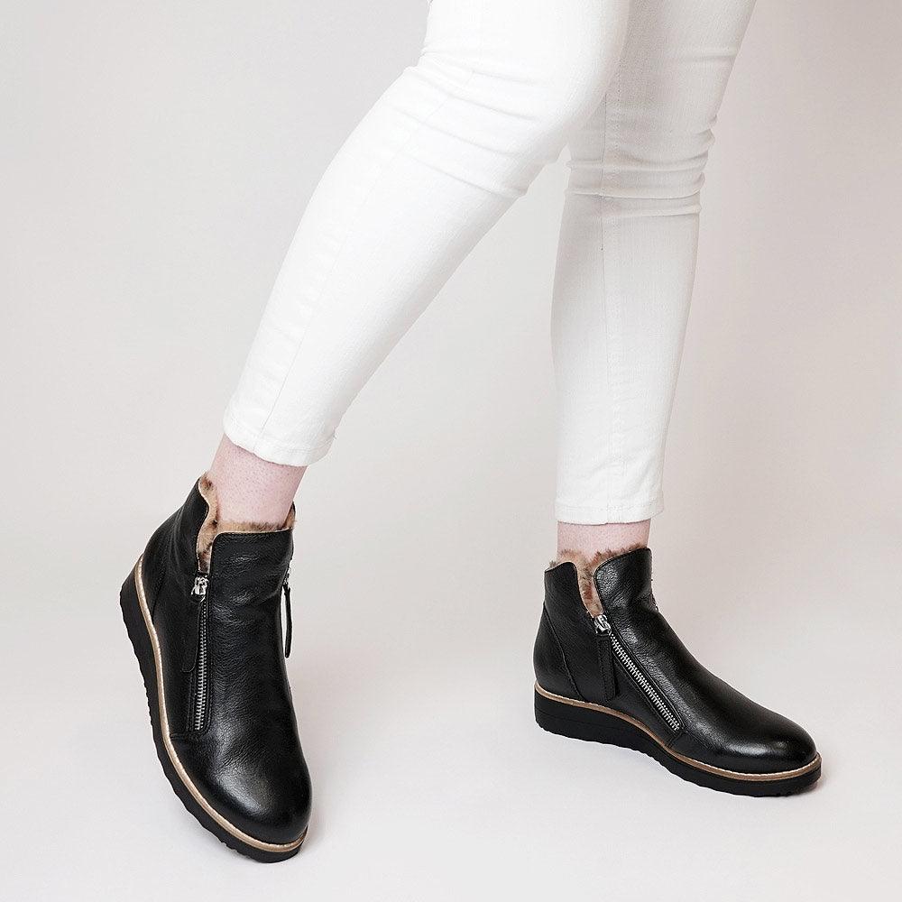 Opal Black Leather/Ocelot Fur Ankle Boots, TOP END - Shouz