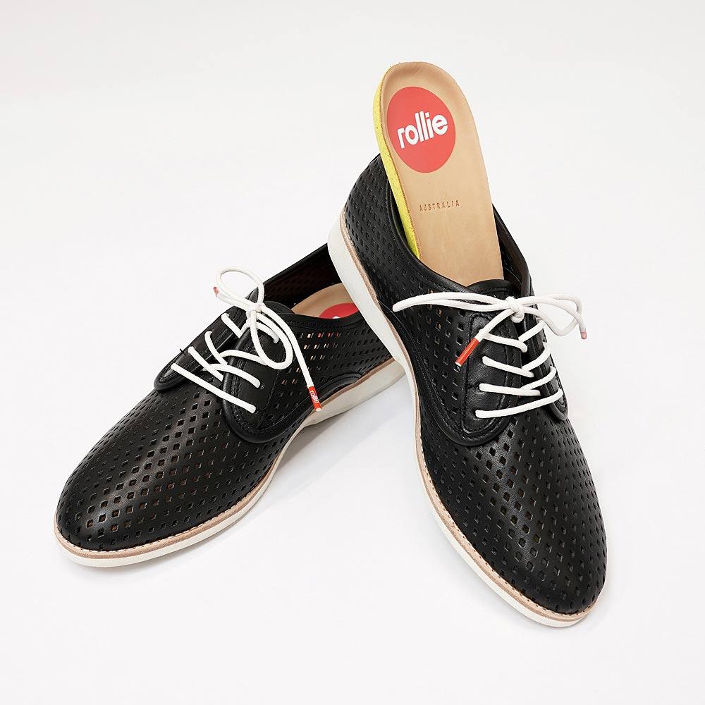 Derby Punch Black Leather Lace Up Flats, ROLLIE - Shouz