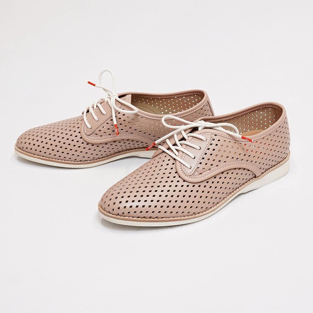 Derby Punch Chalk Pink Leather Lace Up Flats, ROLLIE - Shouz