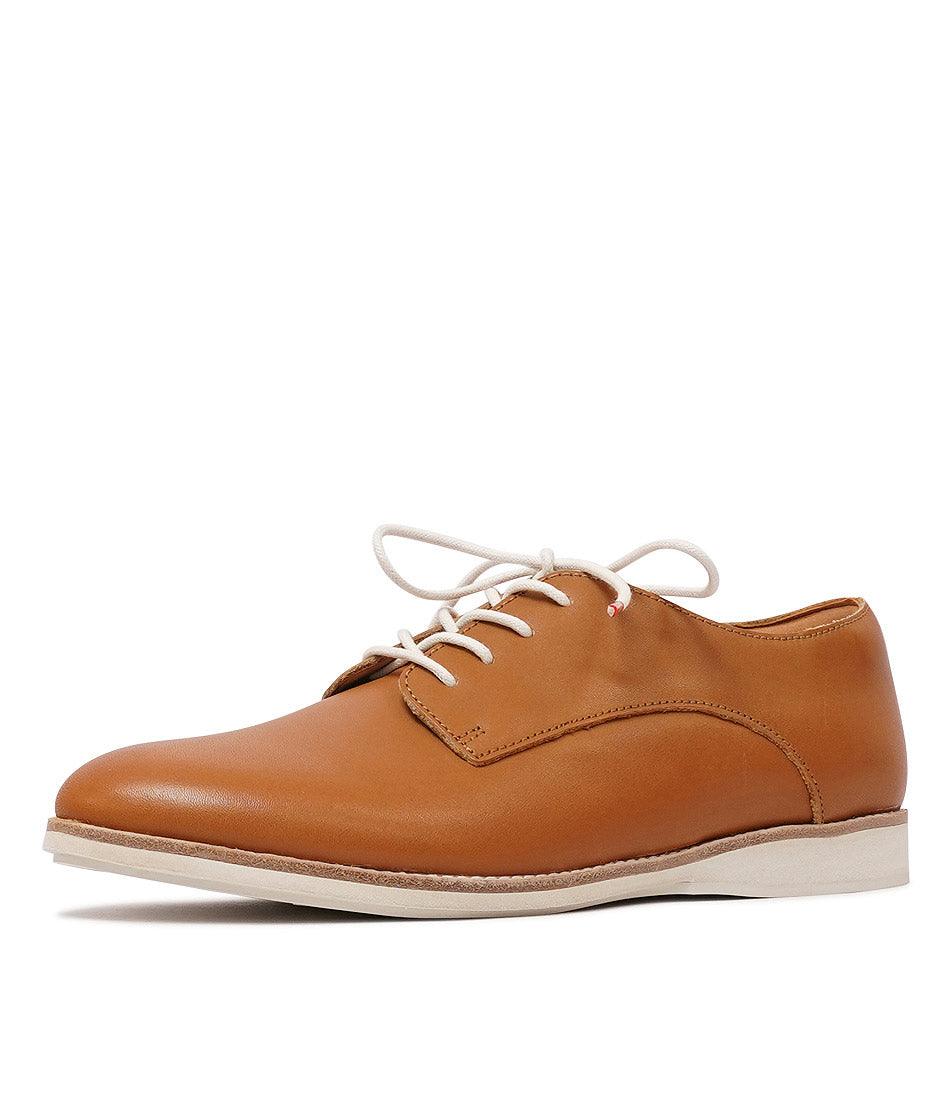 Derby Cognac Leather Lace Up Flats, ROLLIE - Shouz