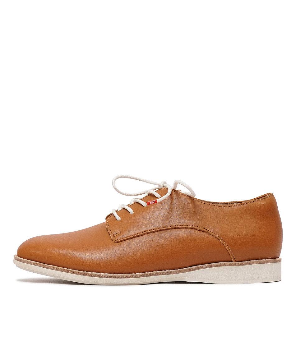 Derby Cognac Leather Lace Up Flats, ROLLIE - Shouz