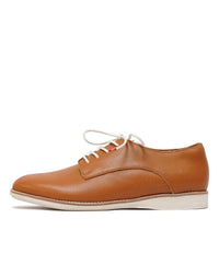 Derby Cognac Leather Lace Up Flats, ROLLIE - Shouz