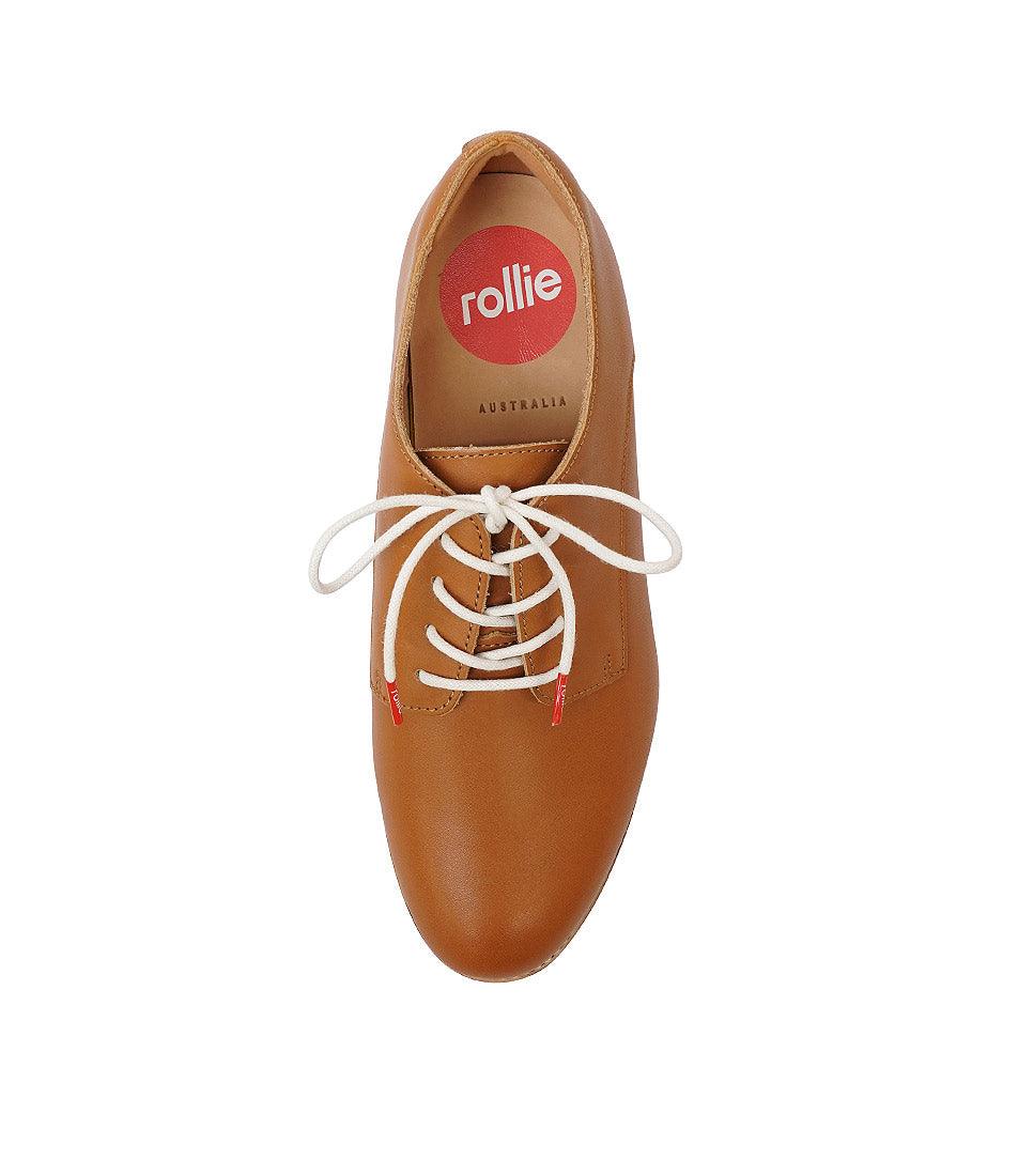 Derby Cognac Leather Lace Up Flats, ROLLIE - Shouz