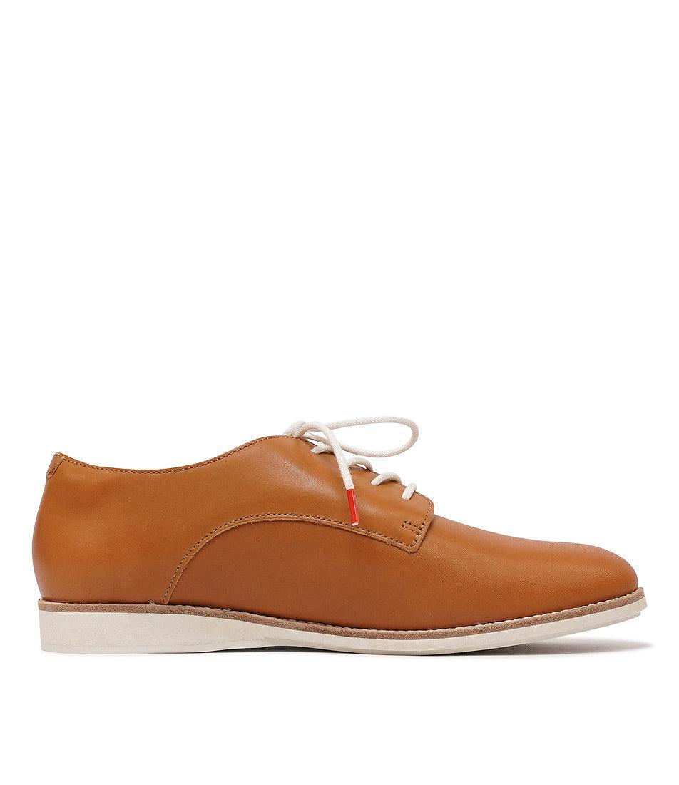 Derby Cognac Leather Lace Up Flats, ROLLIE - Shouz