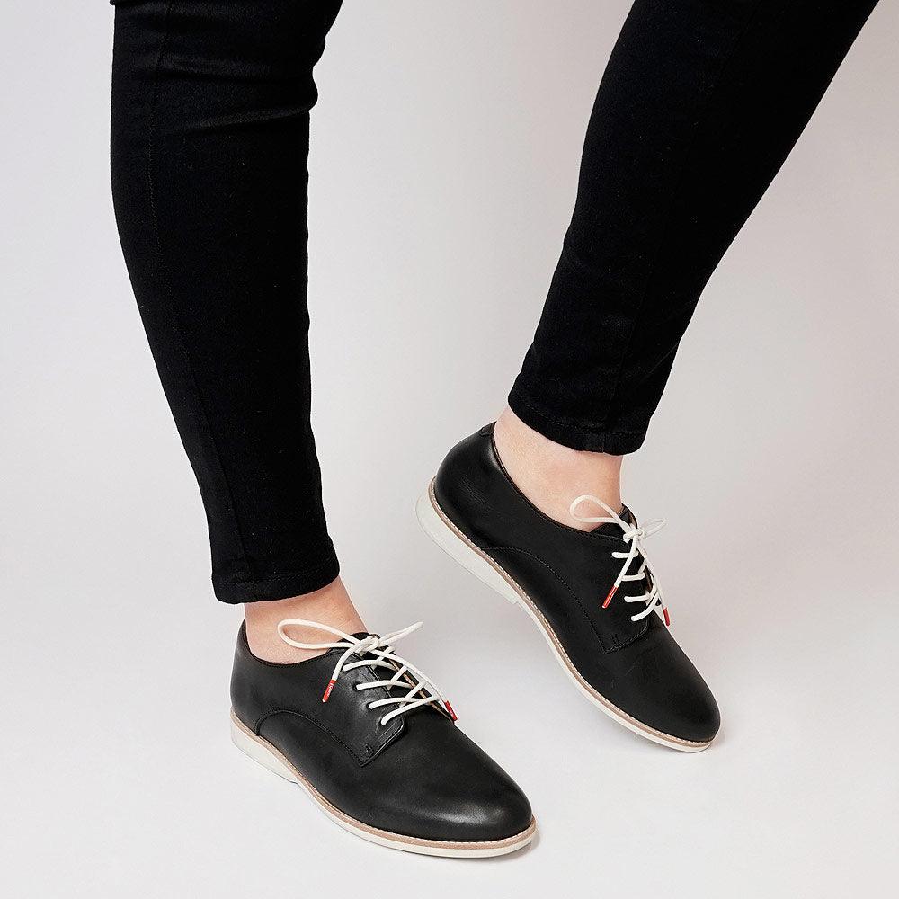 Derby Black Leather Lace Up Flats, ROLLIE - Shouz