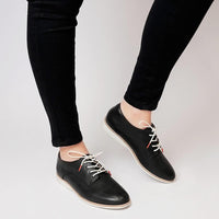 Derby Black Leather Lace Up Flats, ROLLIE - Shouz