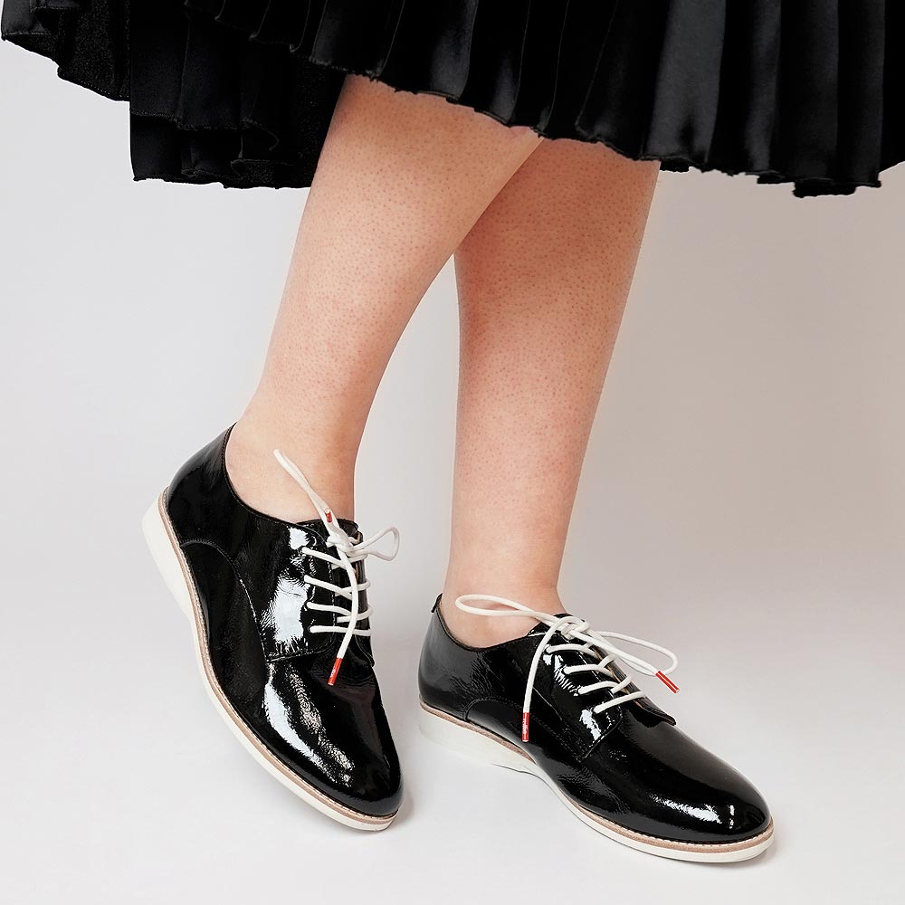 Derby Unlined Black Patent Crinkle Leather, ROLLIE - Shouz