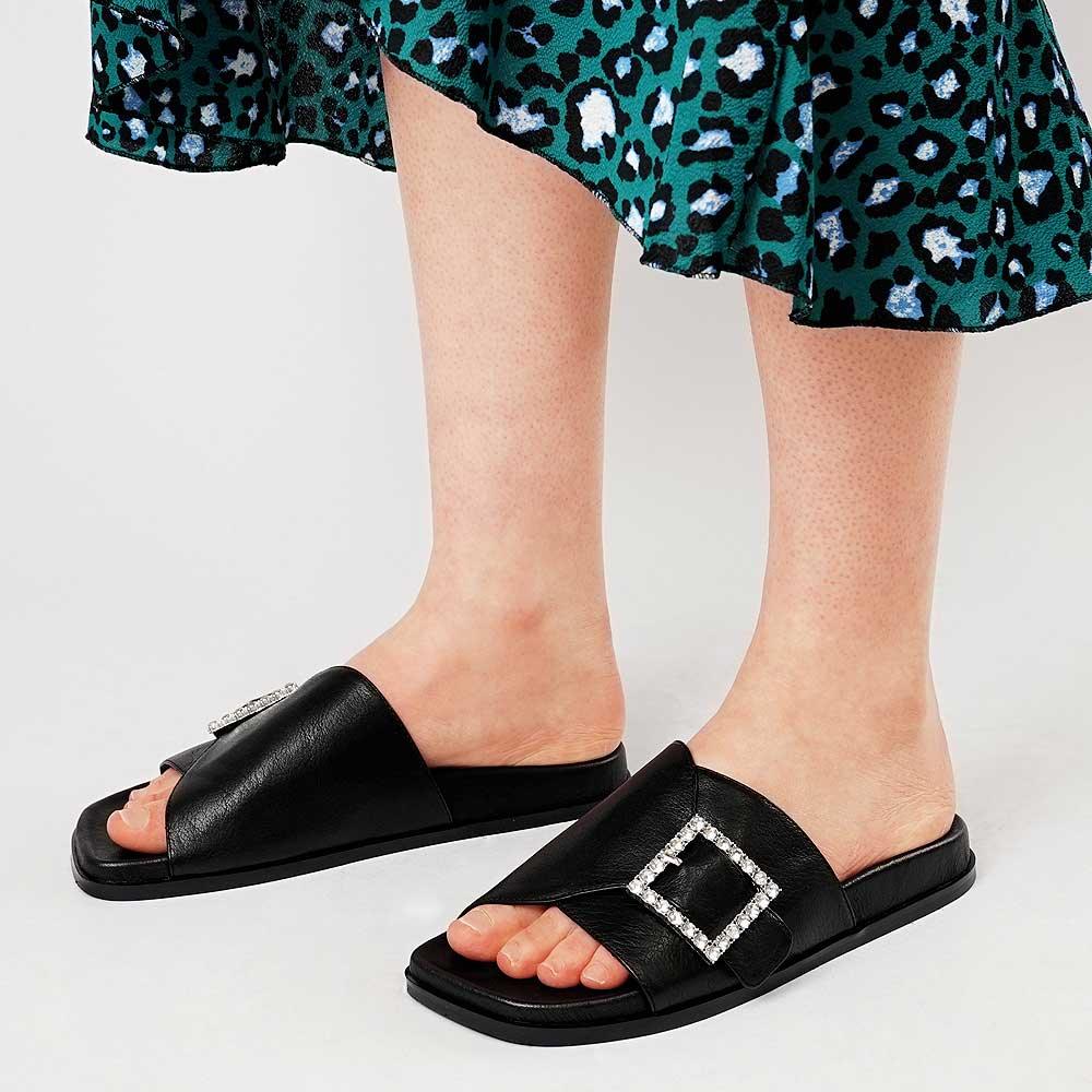 Daisee Black Leather Slides, DJANGO & JULIETTE - Shouz