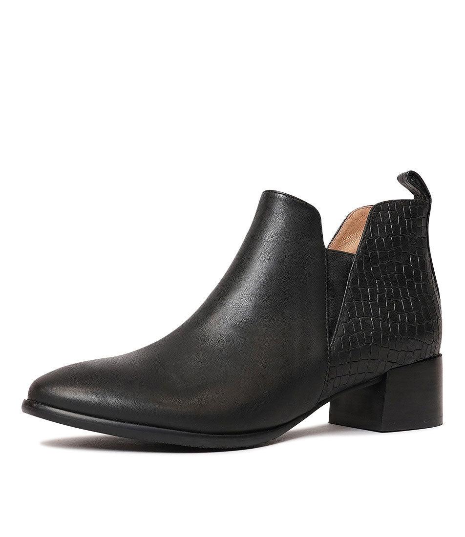 Anexia Black Croc Leather Ankle Boots - Shouz