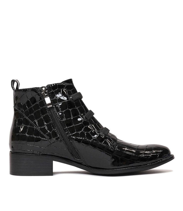 Clemens Black Patent Croc Leather Ankle Boots - Shouz