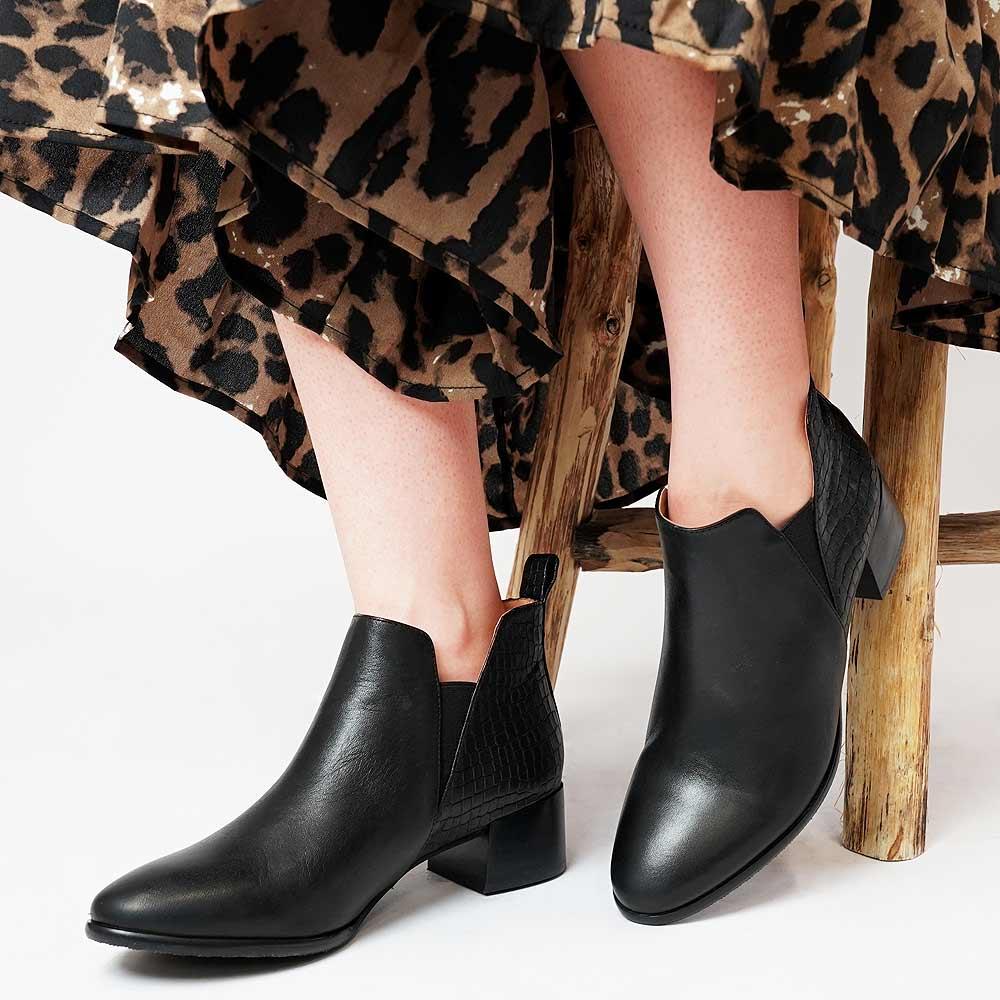 Anexia Black Croc Leather Ankle Boots - Shouz