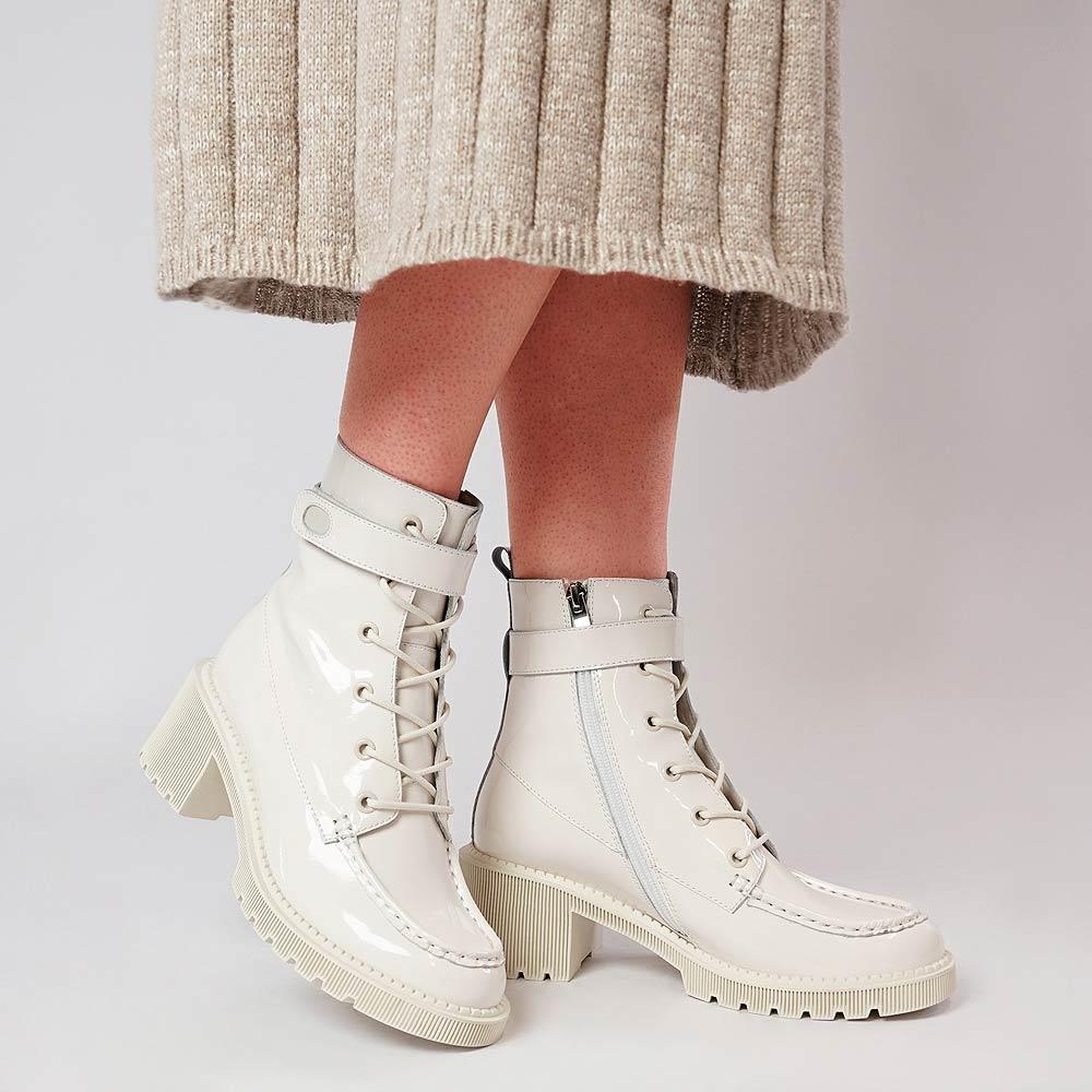 Ziven Ivory Patent Leather Ankle Boots - Shouz