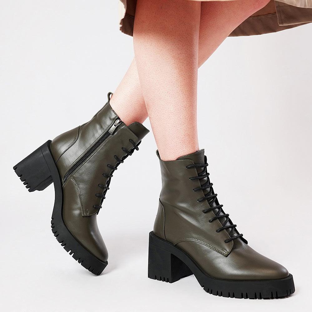 Adey Khaki Leather Ankle Boots, NEO - Shouz