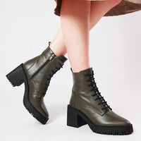 Adey Khaki Leather Ankle Boots, NEO - Shouz
