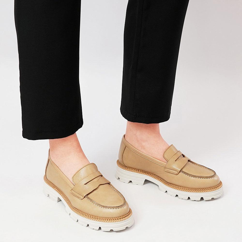 Penny Beige Leather Loafers - Shouz