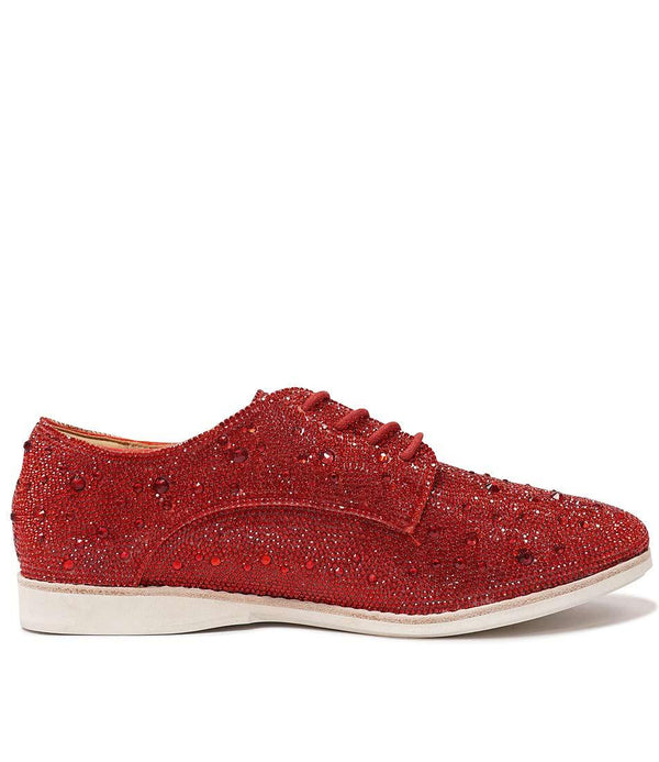 Derby Rhinestone Red Leather Lace Up Flats - Shouz