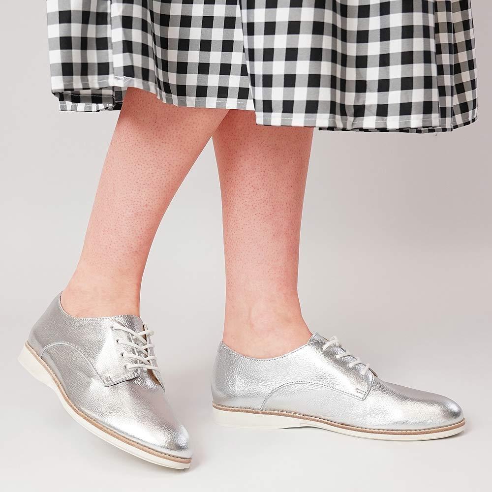 Derby Supersoft Silver Leather Lace Up Flats - Shouz