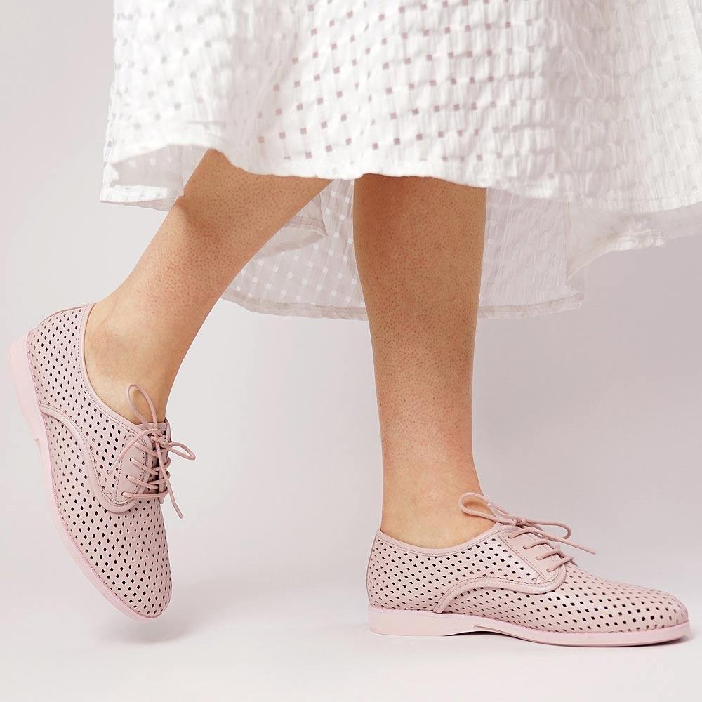 Derby Punch All Pink Leather Lace Up Flats - Shouz