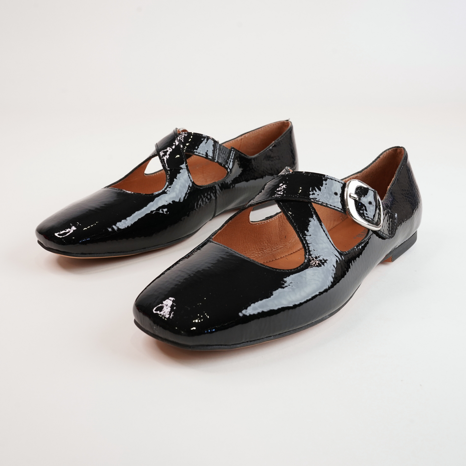 Nowa Black Crinkle Patent Leather Flats