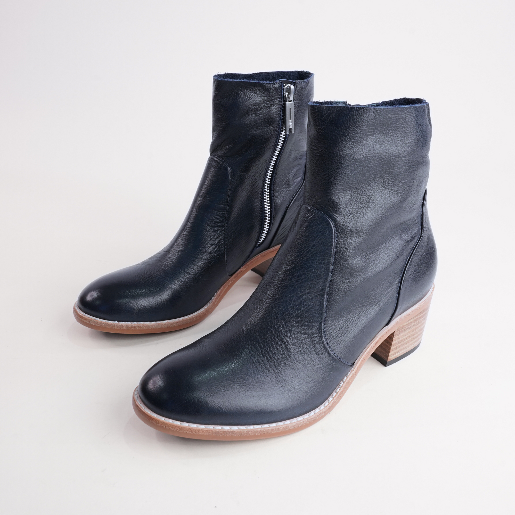 Rarna Navy Leather Ankle Boots