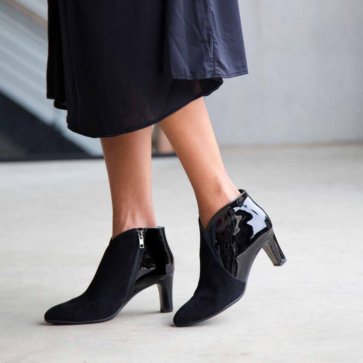 Templess Black Suede/ Black Patent Ankle Boots