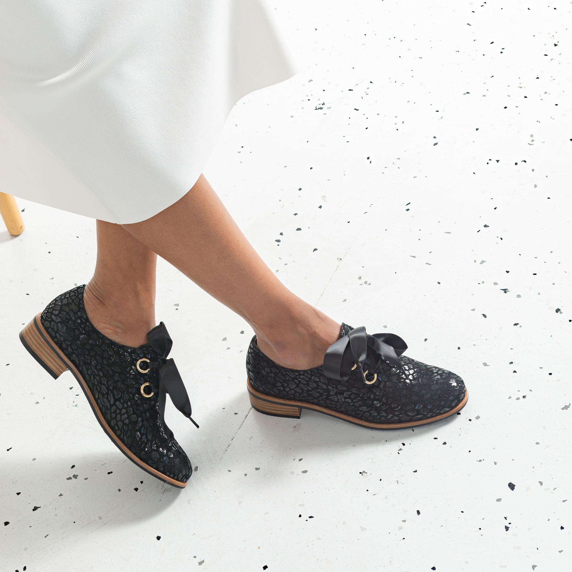 Admin Black Leopard Leather Lace-up Flats
