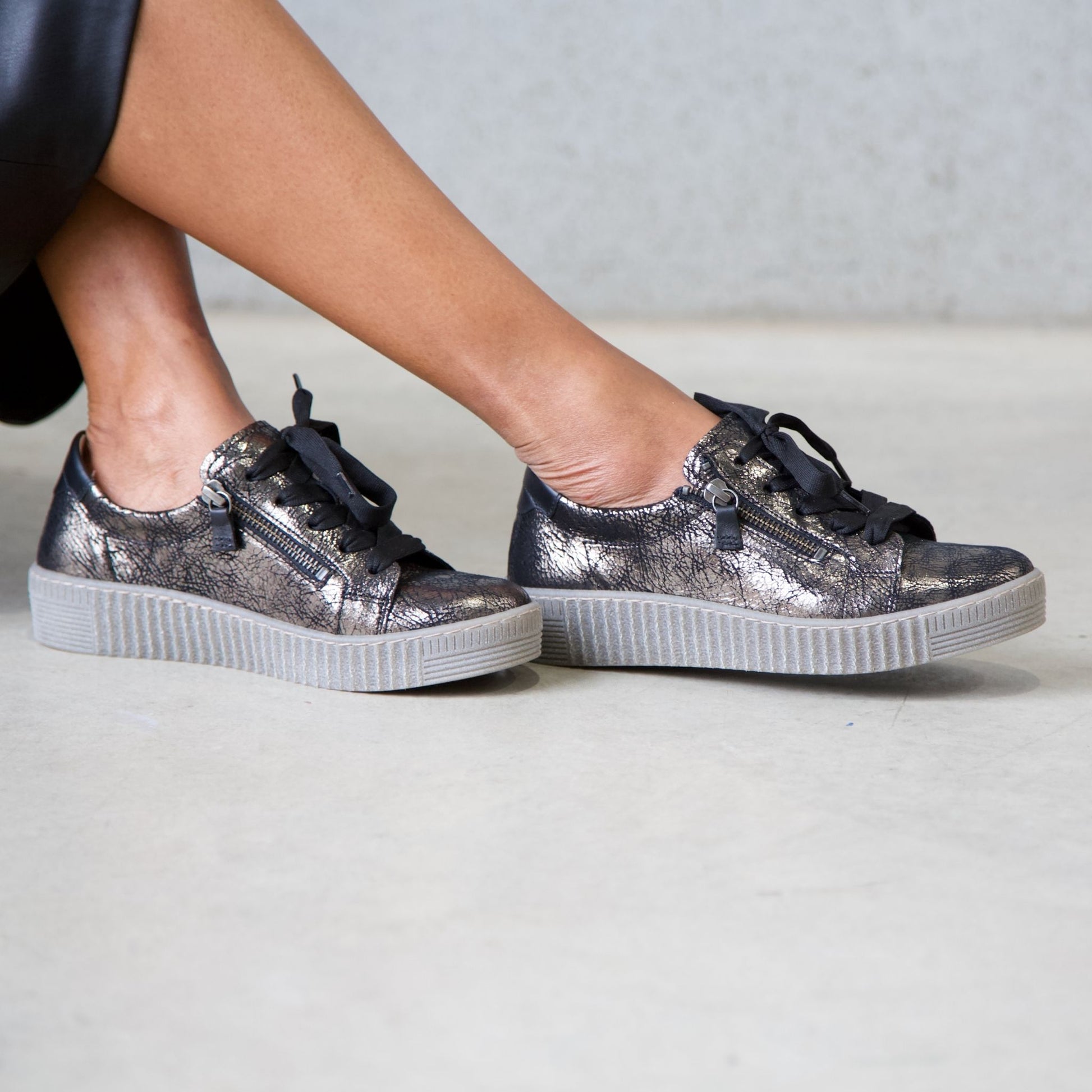 Amelia Black Crackle Leather Sneakers, GABOR - Shouz