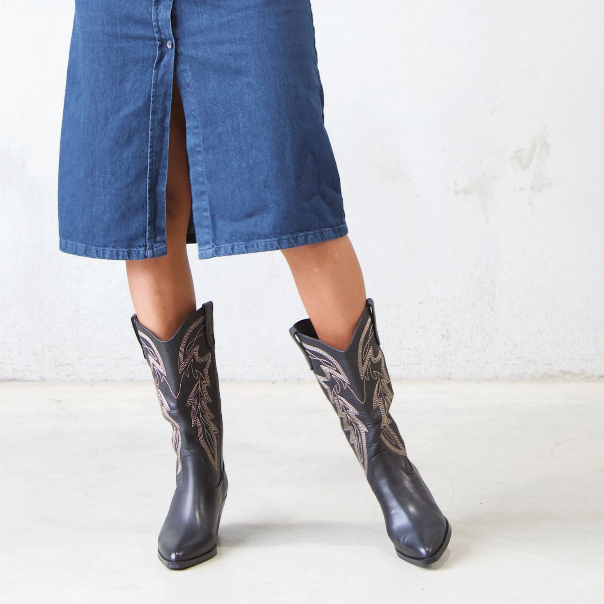 Riding Black Leather/ Gold Embroidery Knee High Boots, MOLLINI - Shouz