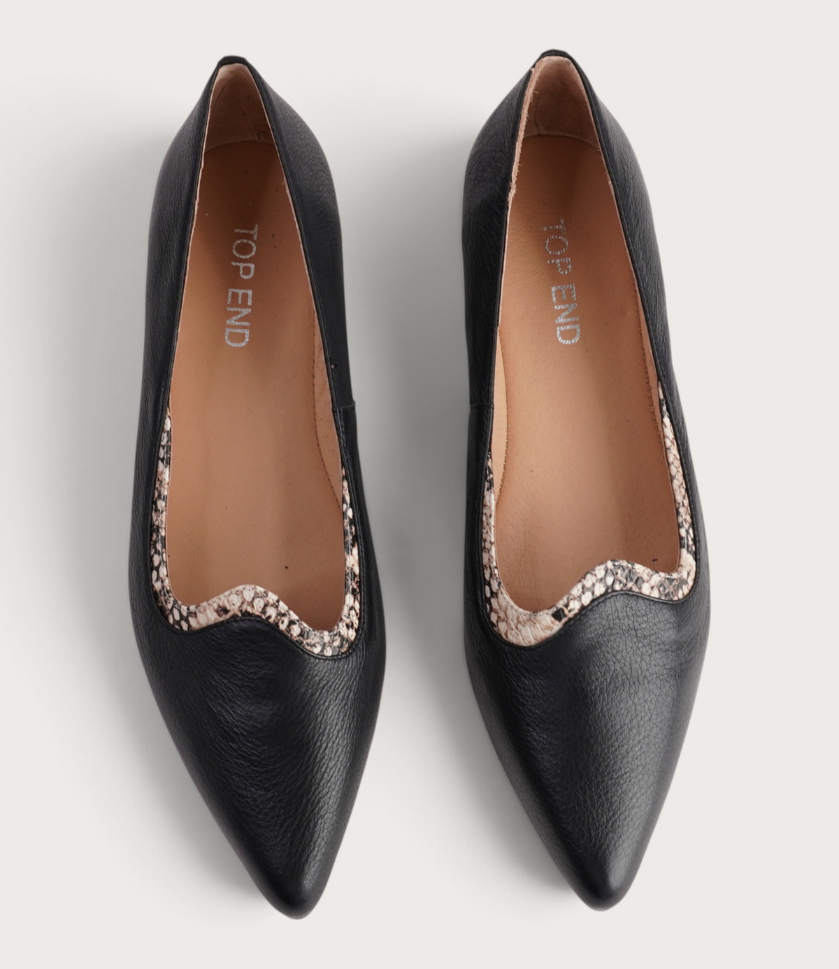 Yibbie Black Leather/ Latte Snake Flats - TOP END | Shouz