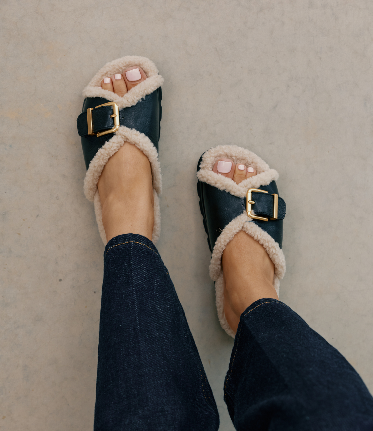 Esme Black Cream Leather Shearling Slides - MOLLINI | Shouz
