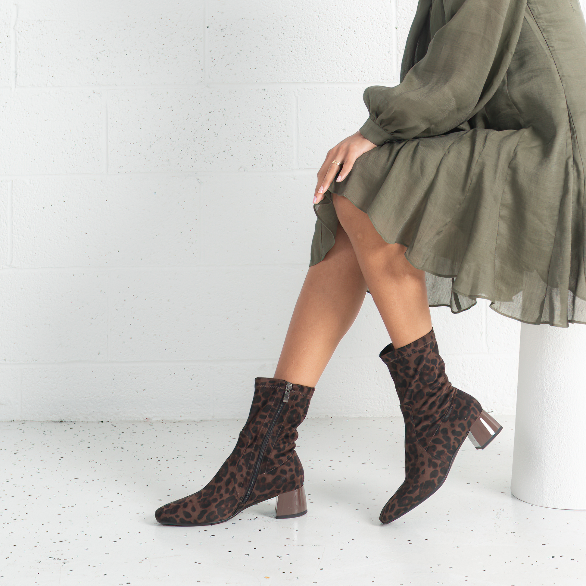 June Brown Leopard Stretch Leather Ankle Boots