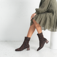 June Brown Leopard Stretch Leather Ankle Boots