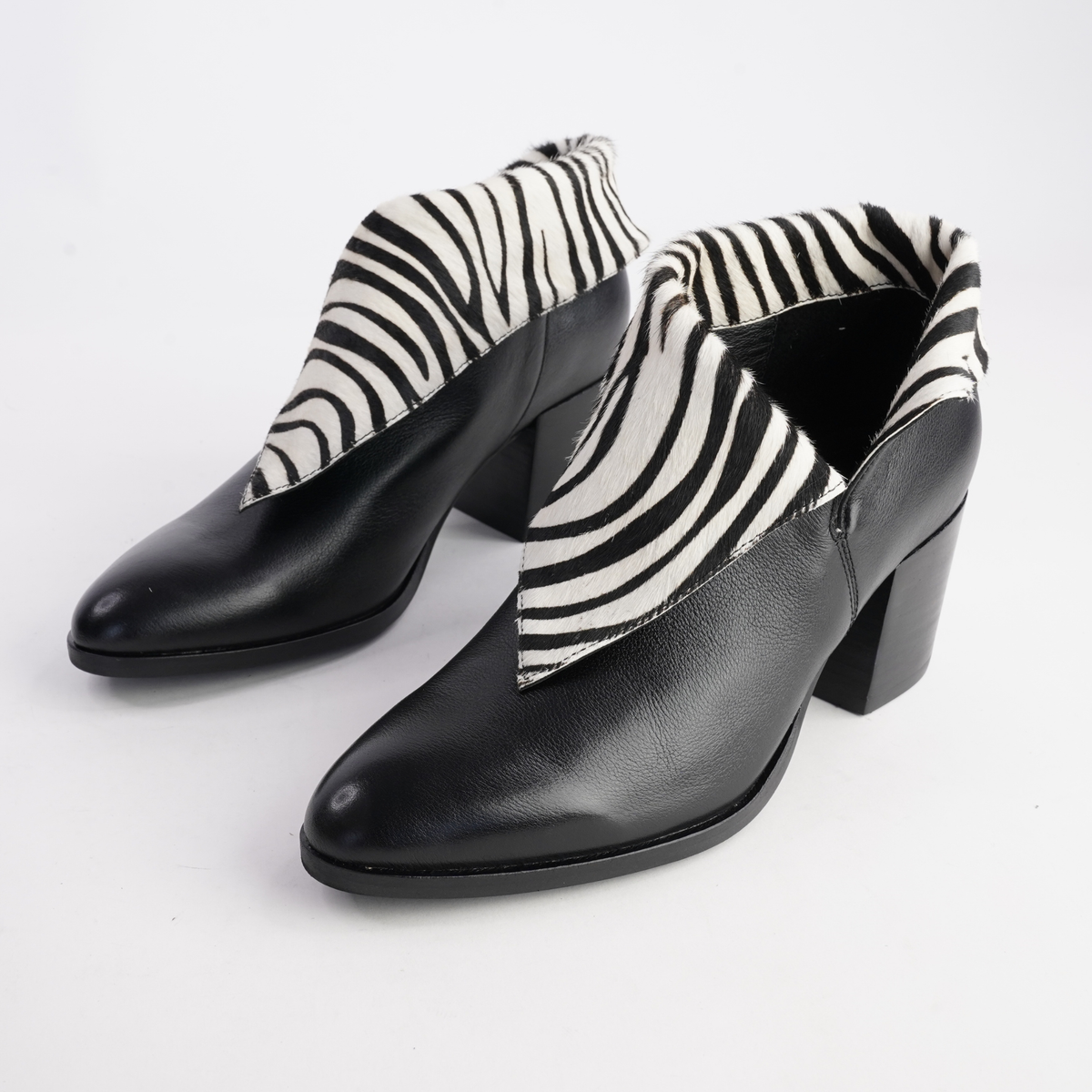 Zenon Black Leather/ Black and White Zebra Pony Ankle Boots - DJANGO AND JULIETTE | Shouz