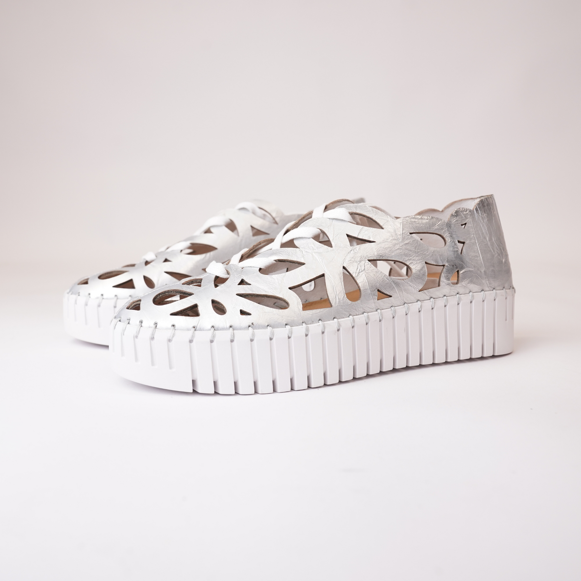 Bello White & Silver Shrunken Leather Sneakers