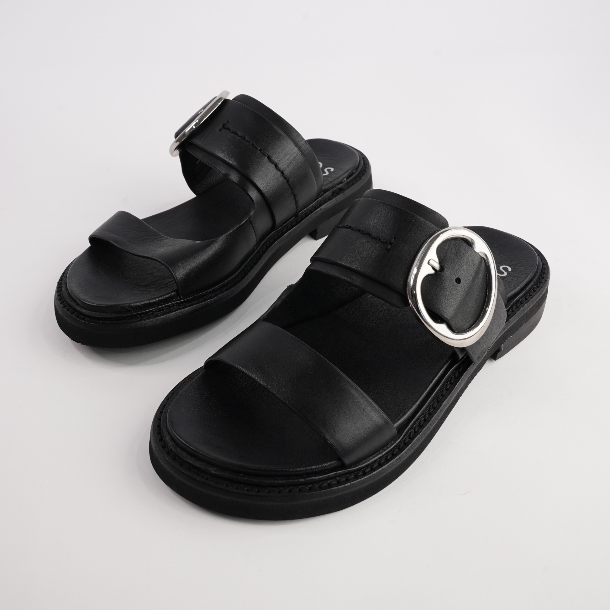 Stary Black Leather Slides