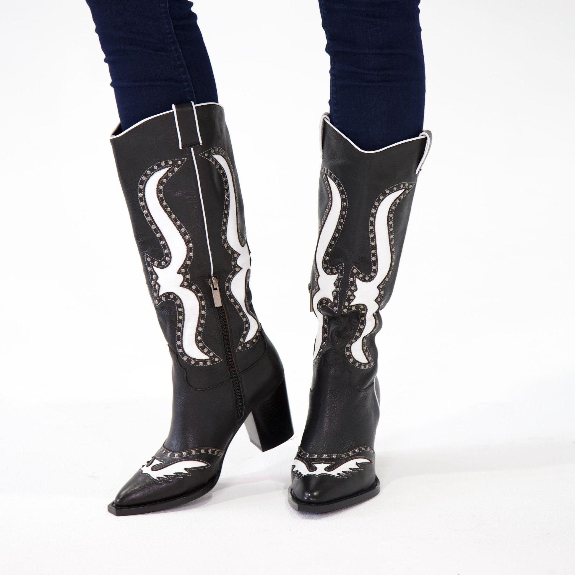 Lurva Black/White Leather Knee High Boots, MOLLINI - Shouz