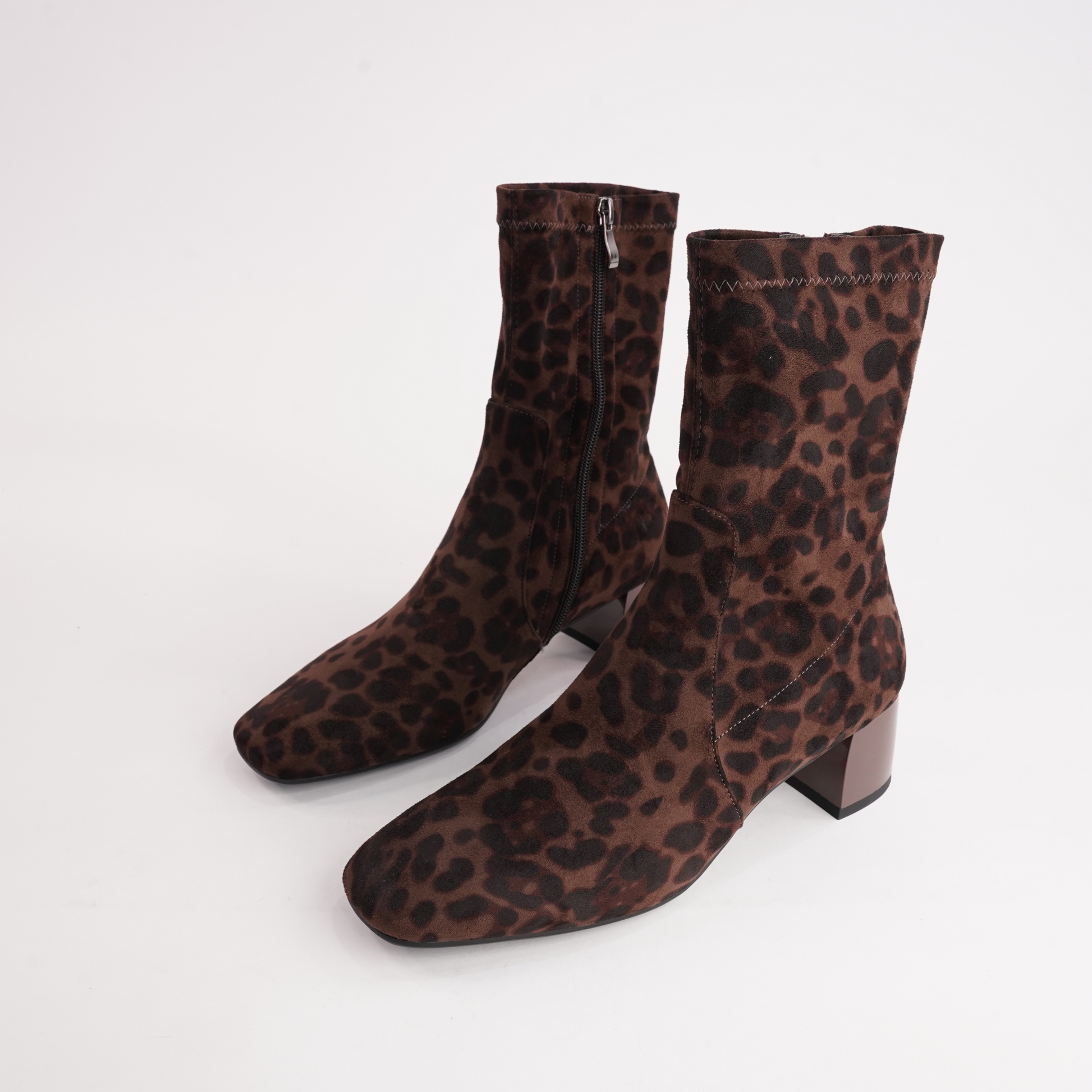 June Brown Leopard Stretch Leather Ankle Boots
