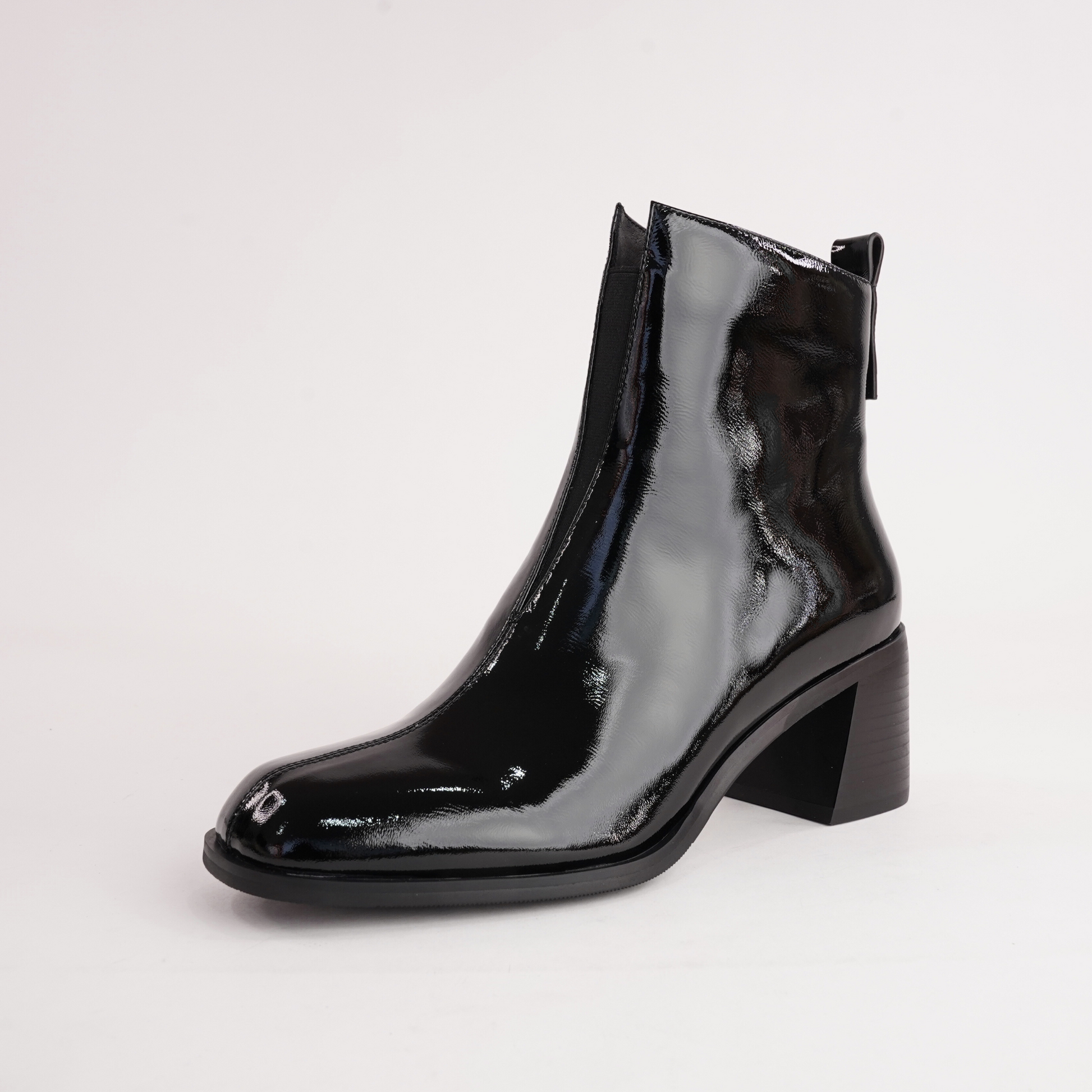 Earth Black Crinkle Patent Leather Ankle Boots