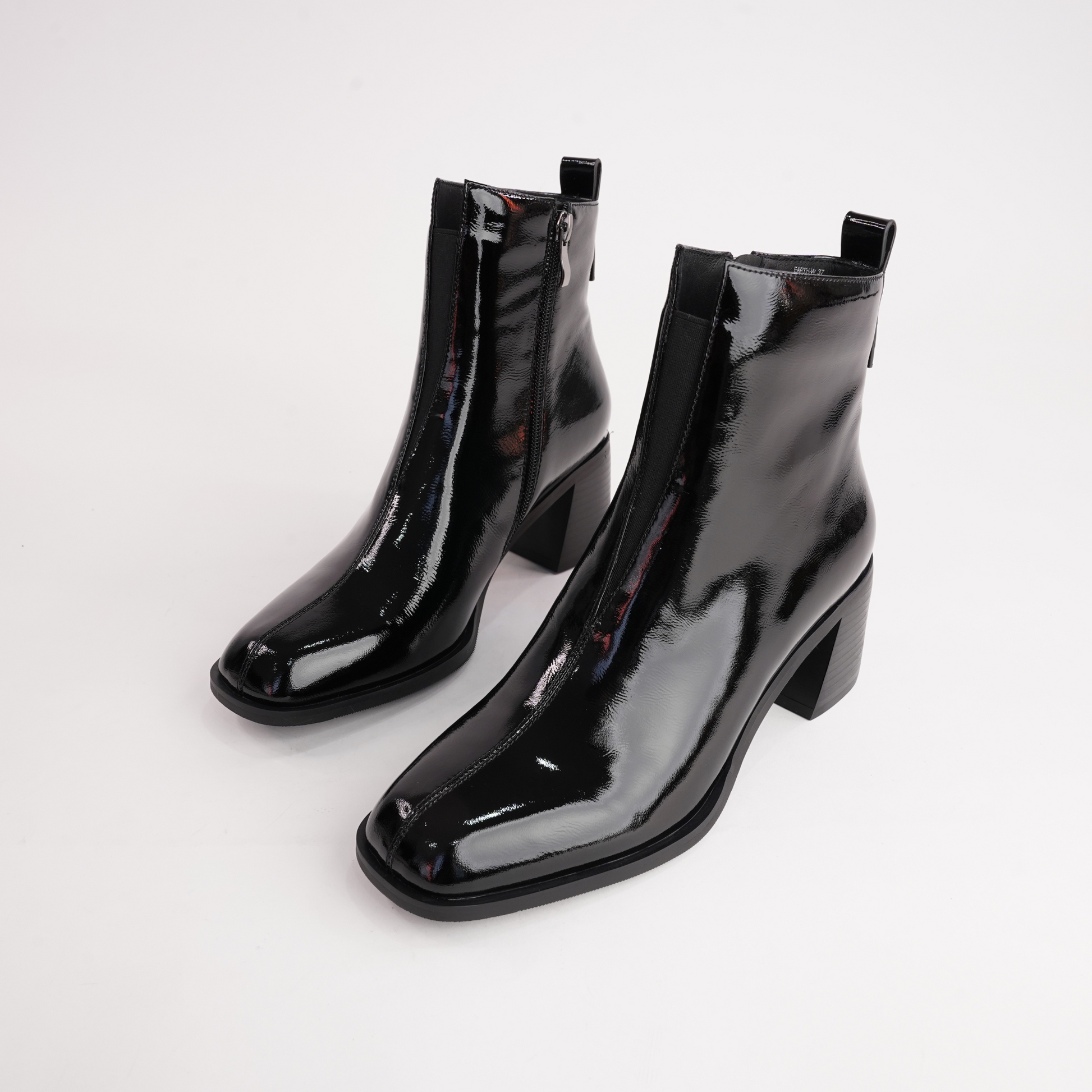 Earth Black Crinkle Patent Leather Ankle Boots
