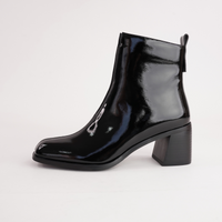 Earth Black Crinkle Patent Leather Ankle Boots
