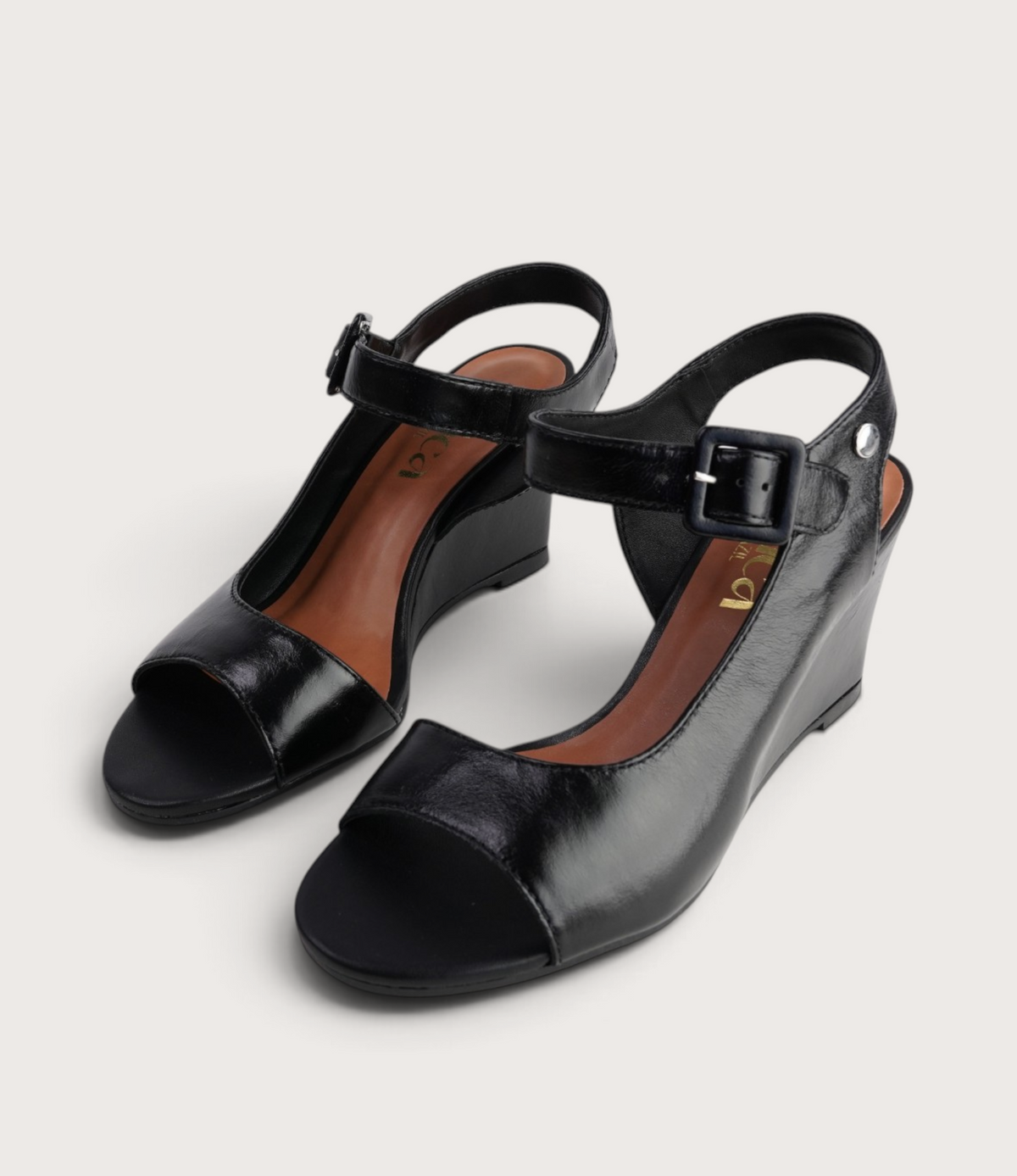 Eloa Black Leather Wedges