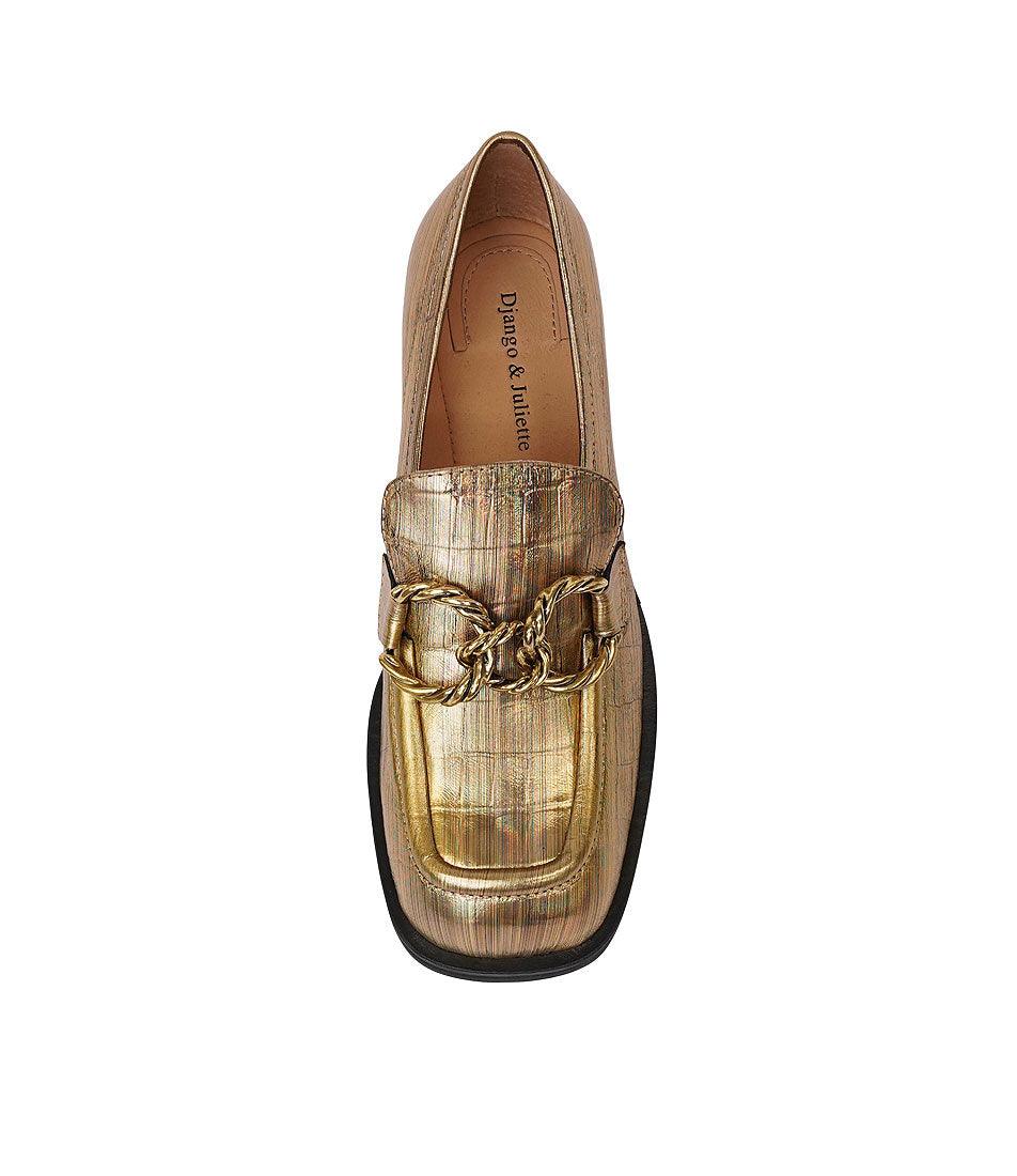 Ellas Old Gold Croc Leather Loafers, DJANGO & JULIETTE - Shouz
