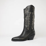 Riding Black Leather/ Gold Embroidery Knee High Boots, MOLLINI - Shouz