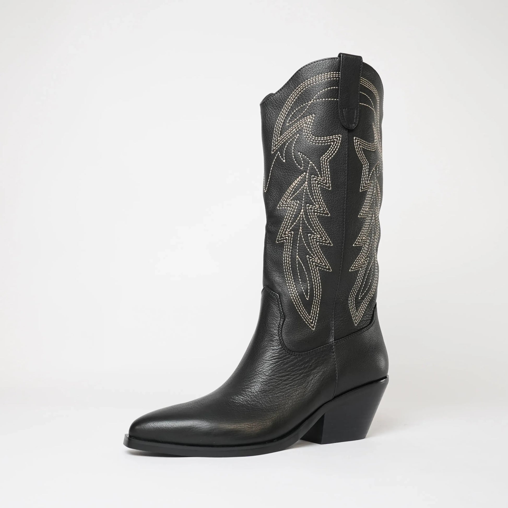 Riding Black Leather/ Gold Embroidery Knee High Boots, MOLLINI - Shouz